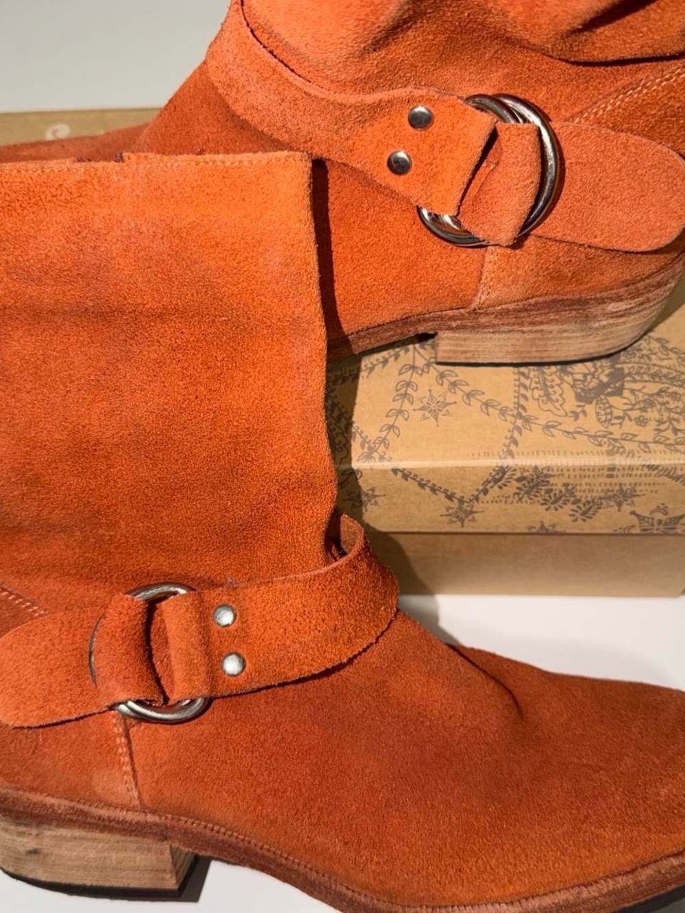 Women’s Suede Boots in Orange with tassel zipper Buckle Detail